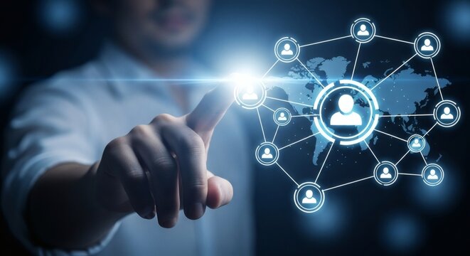 Person touching a digital network of people icons on a world map