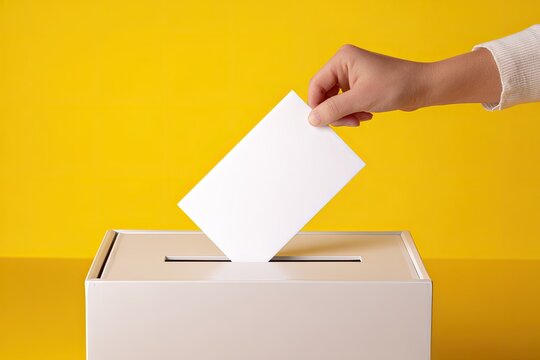 A hand inserts a blank ballot into a white voting box against a bright yellow backdrop