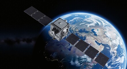 Fototapeta premium Satellite orbiting Earth with solar panels extended