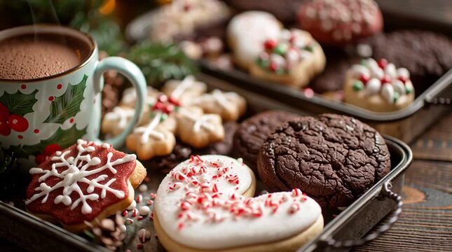 A festive tray with hot chocolate in a holly mug and an assortment of christmas decorated cookies - Powered by Adobe