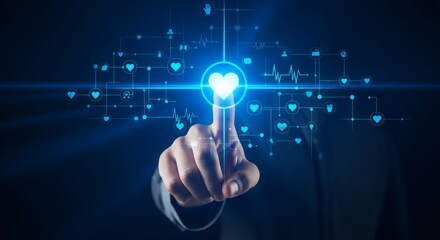 Touching glowing heart in digital network on dark background