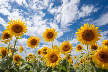 Obraz premium Yellow sunflowers stretch under a blue sky viewed from low angle with fluffy clouds and green leaves