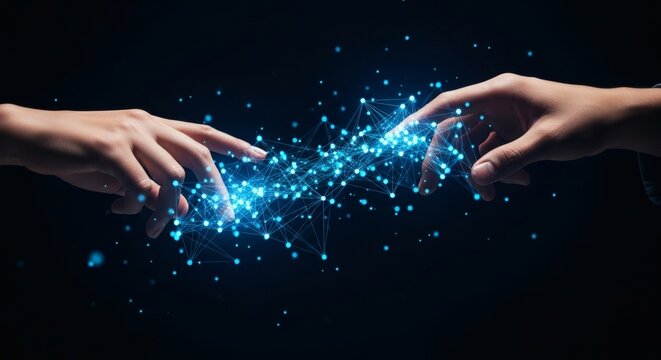 Two hands touching a glowing blue network of dots