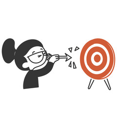 cute girl trying to hit dartboard with arrow illustration in doodle cartoon style