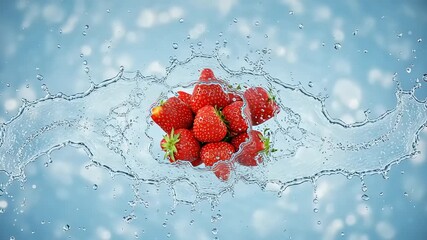 Fresh strawberries splashing in water with droplets (1) - Powered by Adobe