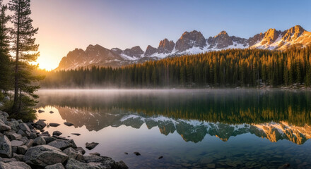 Sunrise Over a Mountain Lake in the Early Morning, Golden Light on the Peaks Reflected in the Water