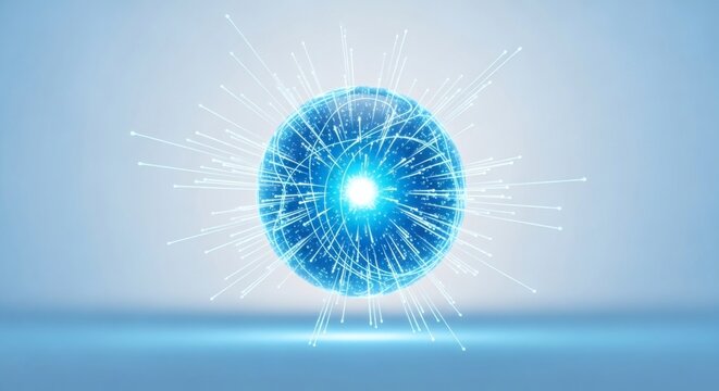A glowing blue sphere with radiating light lines against a light blue background