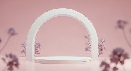A minimalist podium framed by a white arch and soft pink flowers