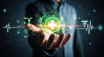 Obraz premium A persons hand holds a glowing digital medical interface with medical icons and a heartbeat line