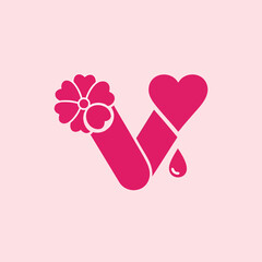 Pink abstract letter V with flower and heart symbols.