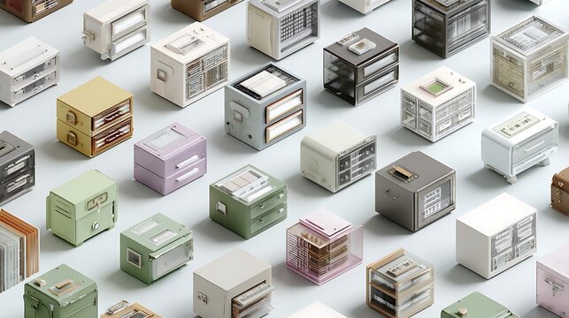 Isometric Filing Cabinets in Pastel Colors Arrayed on Light Surface Background