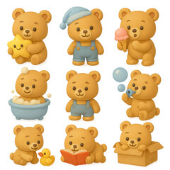 Obraz premium Bear cub icons collection. Playful Teddy Bear Collection: Watercolor Style Illustrations