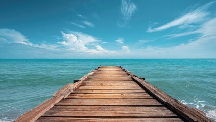 Wooden pier extending into a tranquil sea under a vibrant sky