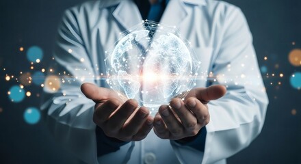 Doctor holding a glowing digital globe in cupped hands