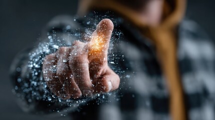 Entrepreneur accessing floating data network through fingertip gestures in immersive virtual interface with digital connections and transparent futuristic screen display