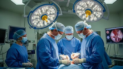 A team of surgeons in blue scrubs and masks performs a delicate operation under bright surgical lights in a modern operating room - Powered by Adobe