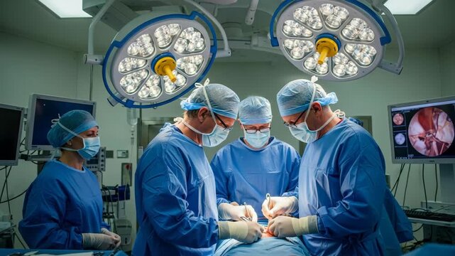 A team of surgeons in blue scrubs and masks performs a delicate operation under bright surgical lights in a modern operating room - Powered by Adobe