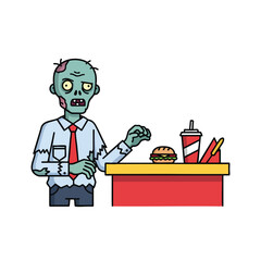 Cartoon Zombie Businessman with Fast Food Meal on Desk Illustration.