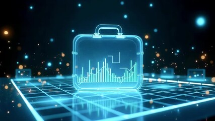 Futuristic digital briefcase displaying financial graphs on a glowing grid with abstract lights - Powered by Adobe
