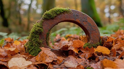Rusty metal ring in autumnal forest floor