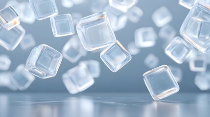 Transparent ice cubes in mid-air.