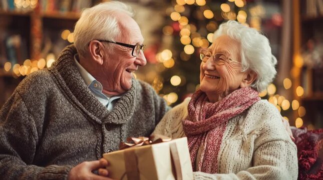 Elderly couple exchanging a christmas gift in front of a decorated tree with soft bokeh lights - Powered by Adobe