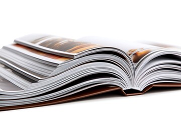 Open Photobook with Thick Pages and Brown Leather Cover on White Background