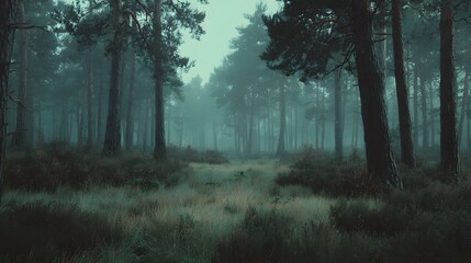 Obraz premium Misty forest scene on a tranquil morning.