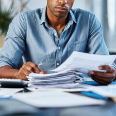 An accountant reviewing payroll documents at a desk. --