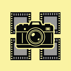 Black Camera Icon Surrounded by Film Strips.