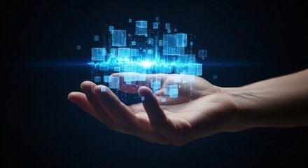 Hand holding glowing blue digital cubes and wave