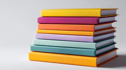 Stack of eight colorful, hardcover books against a pale background, clean studio shot