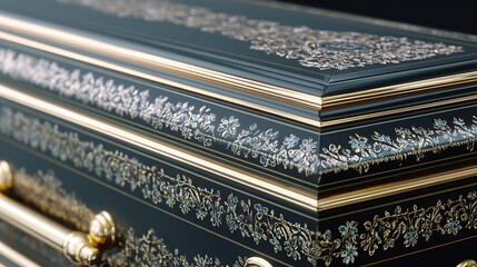 Ornate Dark Blue Coffin with Gold Trim and Floral Decorations Closeup Shot
