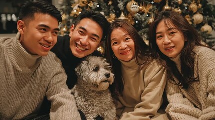 A smiling family with a small dog posing in front of a christmas tree with golden ornaments at home