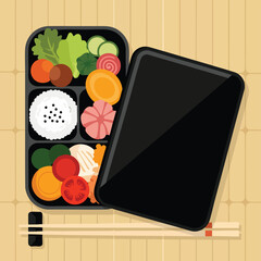 Traditional Japanese Bento Box with Assorted Healthy Food and Chopsticks.