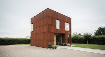 Compact modern house with rust-colored panels and minimal landscaping on a cloudy day.