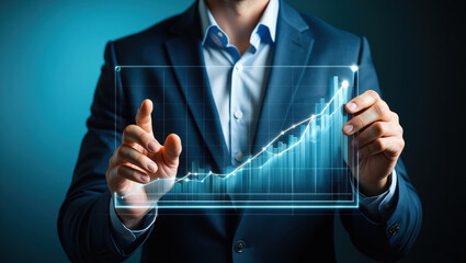 Interactive Financial Growth Chart Displayed on Transparent Screen with Business Professional Analyzing Data and Upward Trend, Representing Investment Success