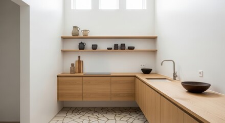 Fototapeta premium Minimalist kitchen with wood cabinets, open shelves, ceramic decor, and neutral color tones.