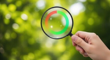 Hand holding a magnifying glass revealing a circular chart with green and red segments against a blurred green natural background Analysis Data Statistics