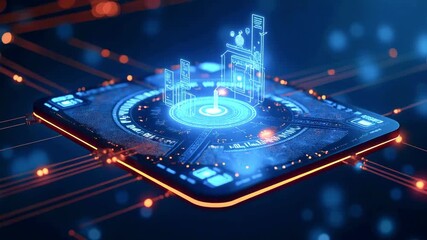 Futuristic digital interface displaying holographic cityscape with glowing elements and data streams - Powered by Adobe