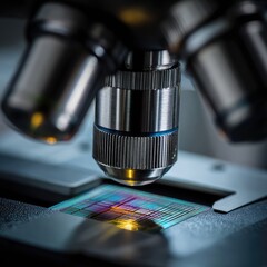 Close-up of a microscope lens focusing on a slide sample --