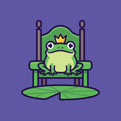 Cartoon Frog King Sitting on Throne with Crown.