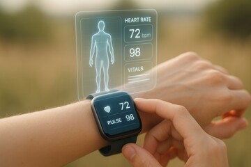 Smartwatch monitoring: A close-up shot reveals the innovative use of a smartwatch to monitor vital signs, highlighting health, wellness and the technology's potential
