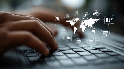 Global business interface on laptop screen with floating icons, symbolizing international trade, smart technology, and real-time data management in digital workplace