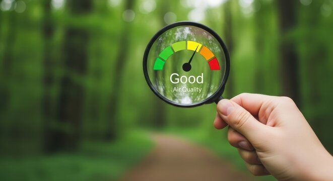 Hand holding magnifying glass examining air quality meter indicating good levels amidst lush green forest foliage environment nature clean pollution gauge