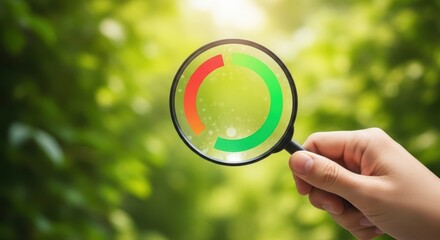 Hand holding a magnifying glass with a circular progress bar displaying red and green segments against a blurred green foliage background with sunlight