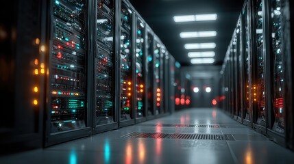 Glowing server racks and cables in data center represent fast connectivity, modern data infrastructure, and digital backbone architecture