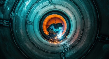 Welder inside a large pipe creating sparks with welding equipment illuminated by bright light industry metal construction manufacturing craft worker workshop