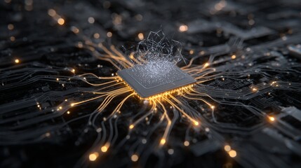 a close up view of an intricate circuit board, with tiny electronic components and connections visible against a dark background