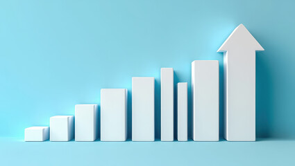 Fototapeta premium Ascending Heights A Visual Representation of Growth and Progress with a Bar Graph Leading to an Upward Arrow Against a Serene Blue Background Symbolizing Success